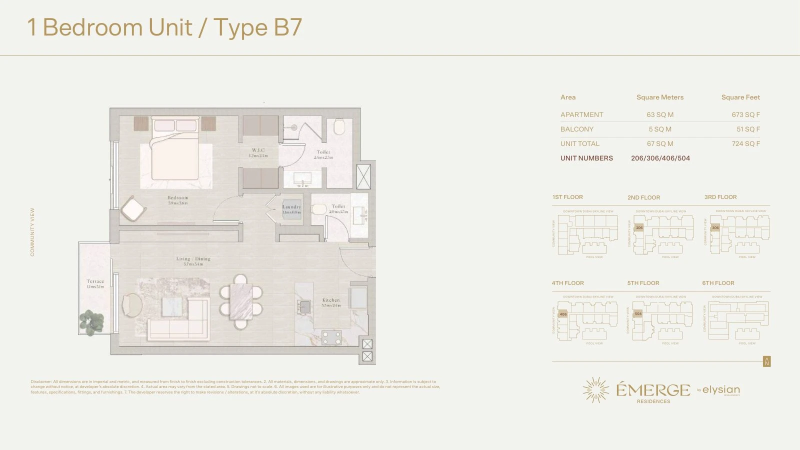 Émerge Residences 1-bedroom apartment floor plan — Standard Residence Type B7 - 724 sq ft; Standard Residence, Type B7, Units 206/306/406/504, 724 sq ft