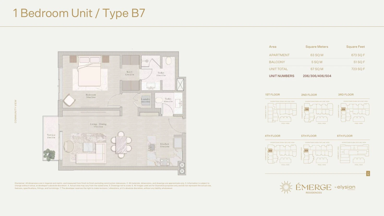 Émerge Residences 1-bedroom apartment floor plan — Standard Residence Type B7 - 723 sq ft; Standard Residence, Type B7, Units 206/306/406/504, 723 sq ft