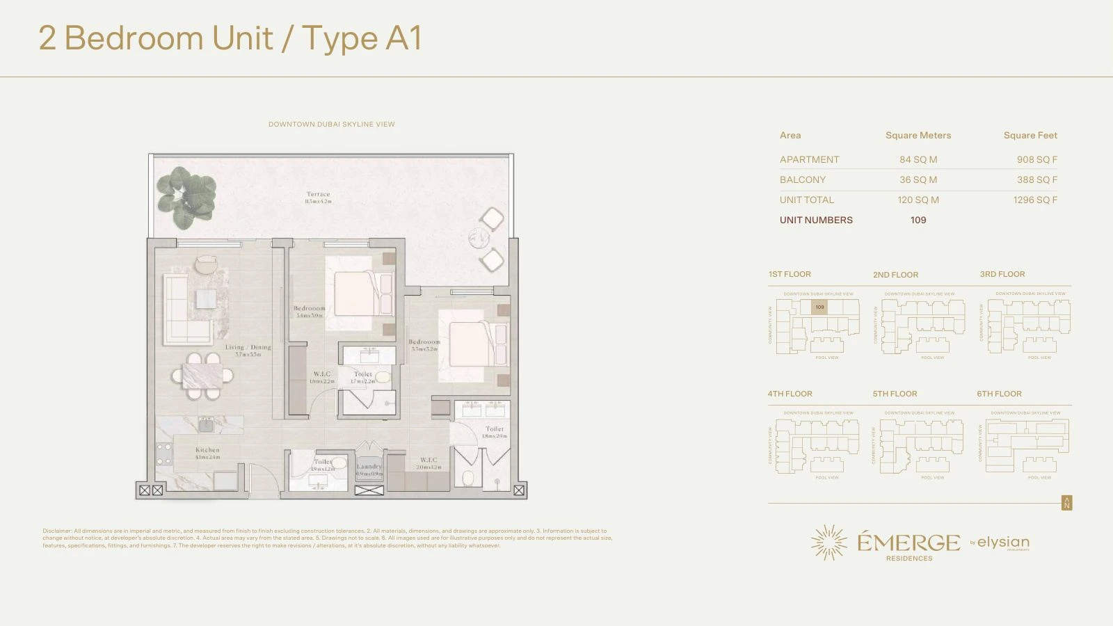 Émerge Residences 2-bedroom apartment floor plan — Standard Residence Type A1 - 1,296 sq ft; Standard Residence, Type A1, Unit 109, 1,296 sq ft