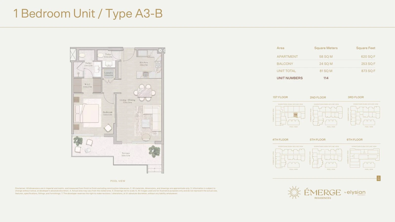 Émerge Residences 1-bedroom apartment floor plan — Standard Residence Type A3-B - 873 sq ft; Standard Residence, Type A3-B, Unit 114, 873 sq ft