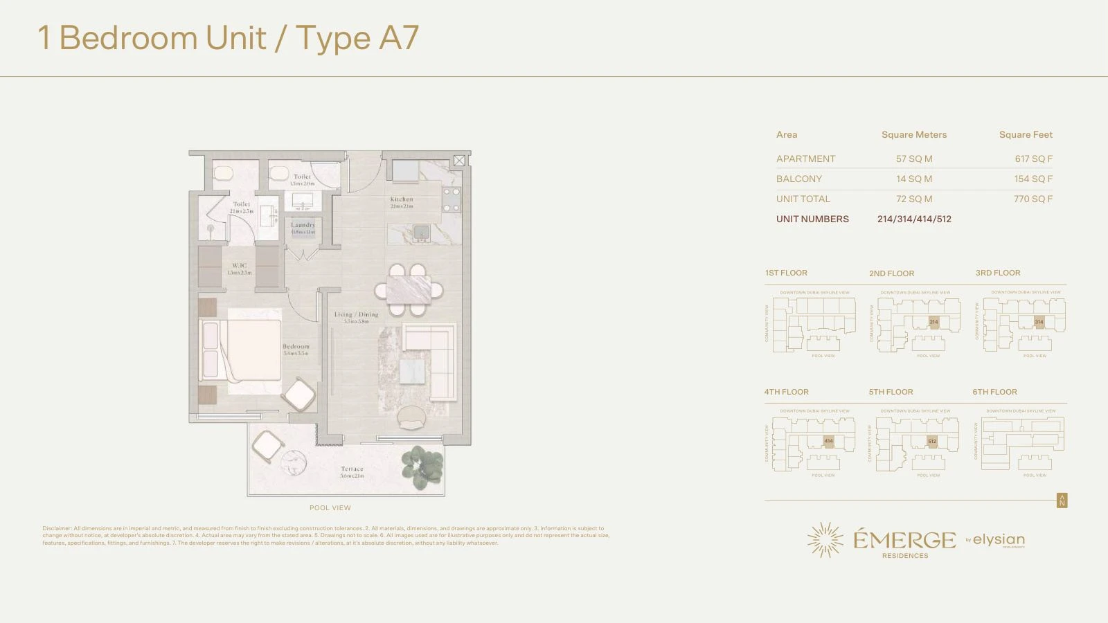 Émerge Residences 1-bedroom apartment floor plan — Standard Residence Type A7 - 770 sq ft; Standard Residence, Type A7, Units 214/314/414/512, 770 sq ft