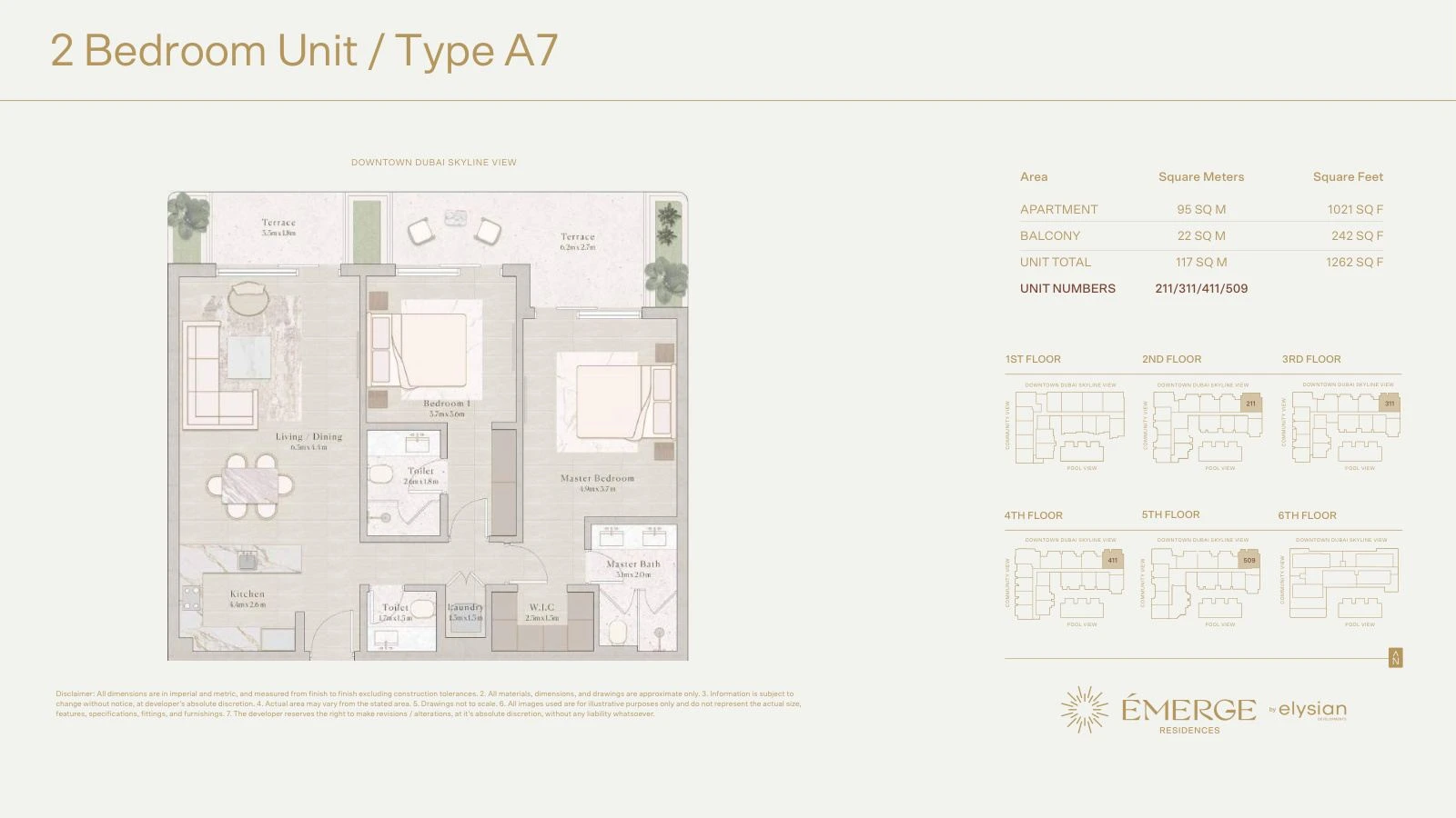 Émerge Residences 2-bedroom apartment floor plan — Standard Residence Type A7 - 1,262 sq ft; Standard Residence, Type A7, Units 211/311/411/509, 1,262 sq ft
