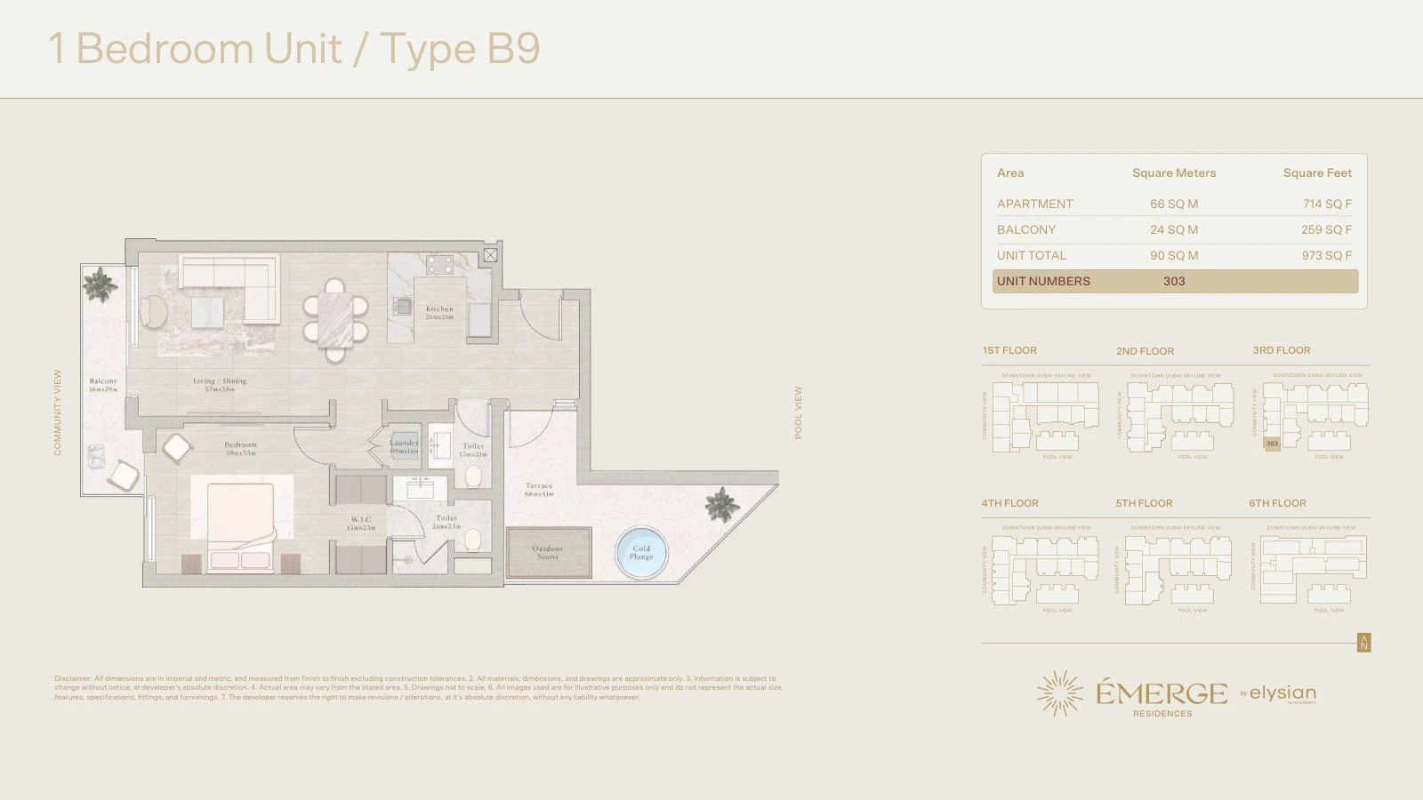 Émerge Residences 1-bedroom apartment floor plan — Well-Being Collection Type B9 - 973 sq ft; Well-Being Collection, Type B9, Unit 303, 973 sq ft