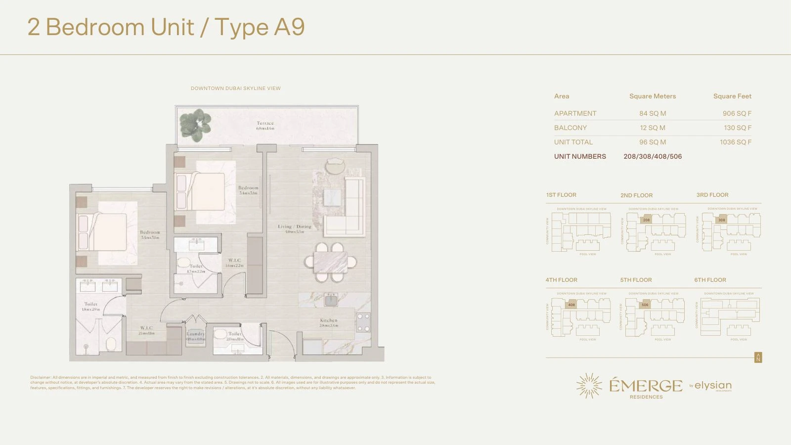 Émerge Residences 2-bedroom apartment floor plan — Standard Residence Type A9 - 1,036 sq ft; Standard Residence, Type A9, Units 208/308/408/506, 1,036 sq ft