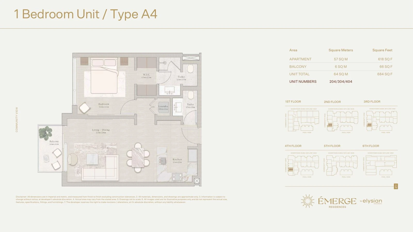 Émerge Residences 1-bedroom apartment floor plan — Standard Residence Type A4 - 684 sq ft; Standard Residence, Type A4, Units 204/304/404, 684 sq ft