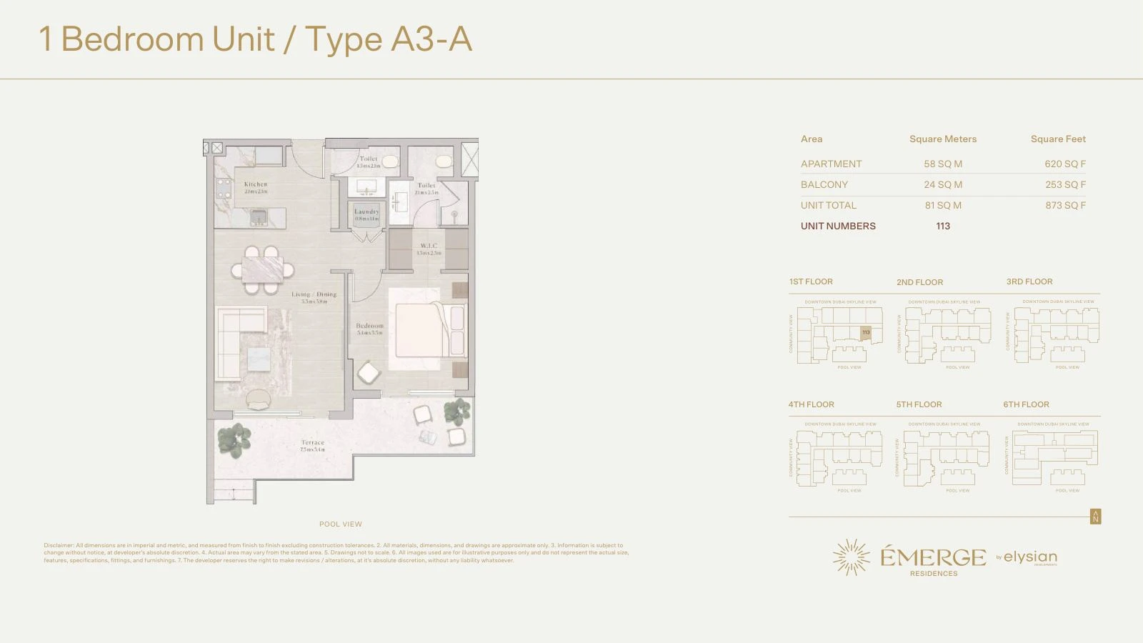 Émerge Residences 1-bedroom apartment floor plan — Standard Residence Type A3-A - 873 sq ft; Standard Residence, Type A3-A, Unit 113, 873 sq ft