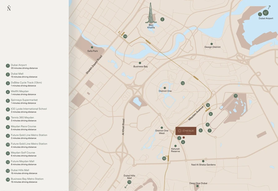 Émerge Residences location master plan showing Meydan Avenue, central Dubai landmarks and nearby destinations