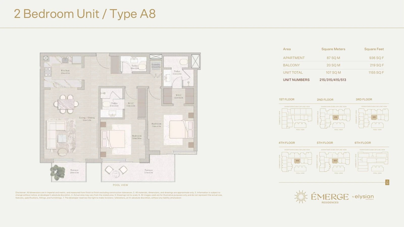 Émerge Residences 2-bedroom apartment floor plan — Standard Residence Type A8 - 1,155 sq ft; Standard Residence, Type A8, Units 215/315/415/513, 1,155 sq ft