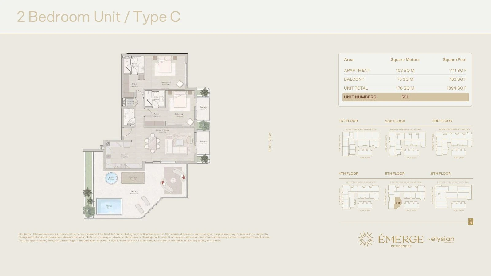 Émerge Residences 2-bedroom apartment floor plan — Well-Being Collection Type C - 1,894 sq ft; Well-Being Collection, Type C, Unit 501, 1,894 sq ft