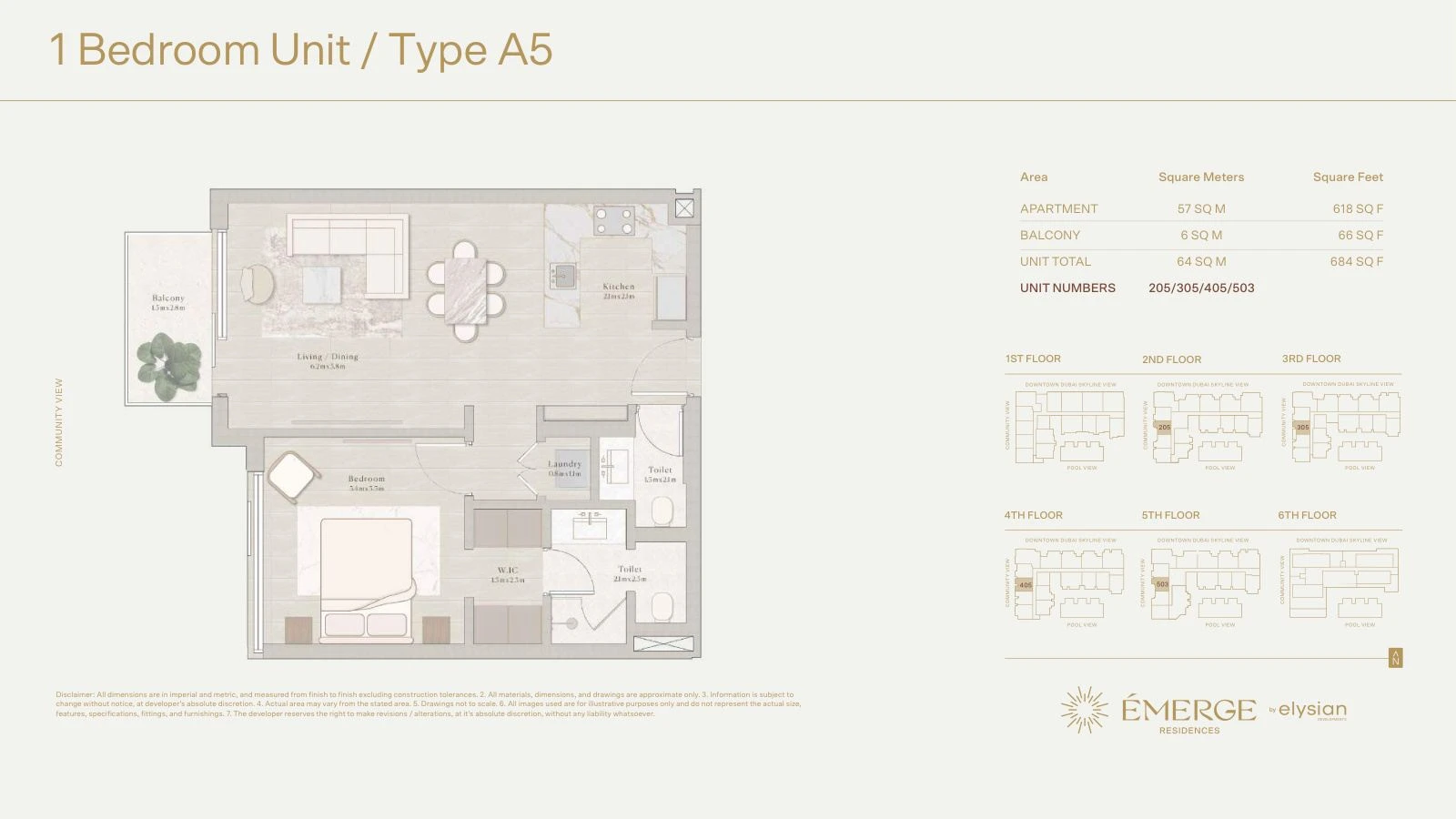 Émerge Residences 1-bedroom apartment floor plan — Standard Residence Type A5 - 684 sq ft; Standard Residence, Type A5, Units 205/305/405/503, 684 sq ft
