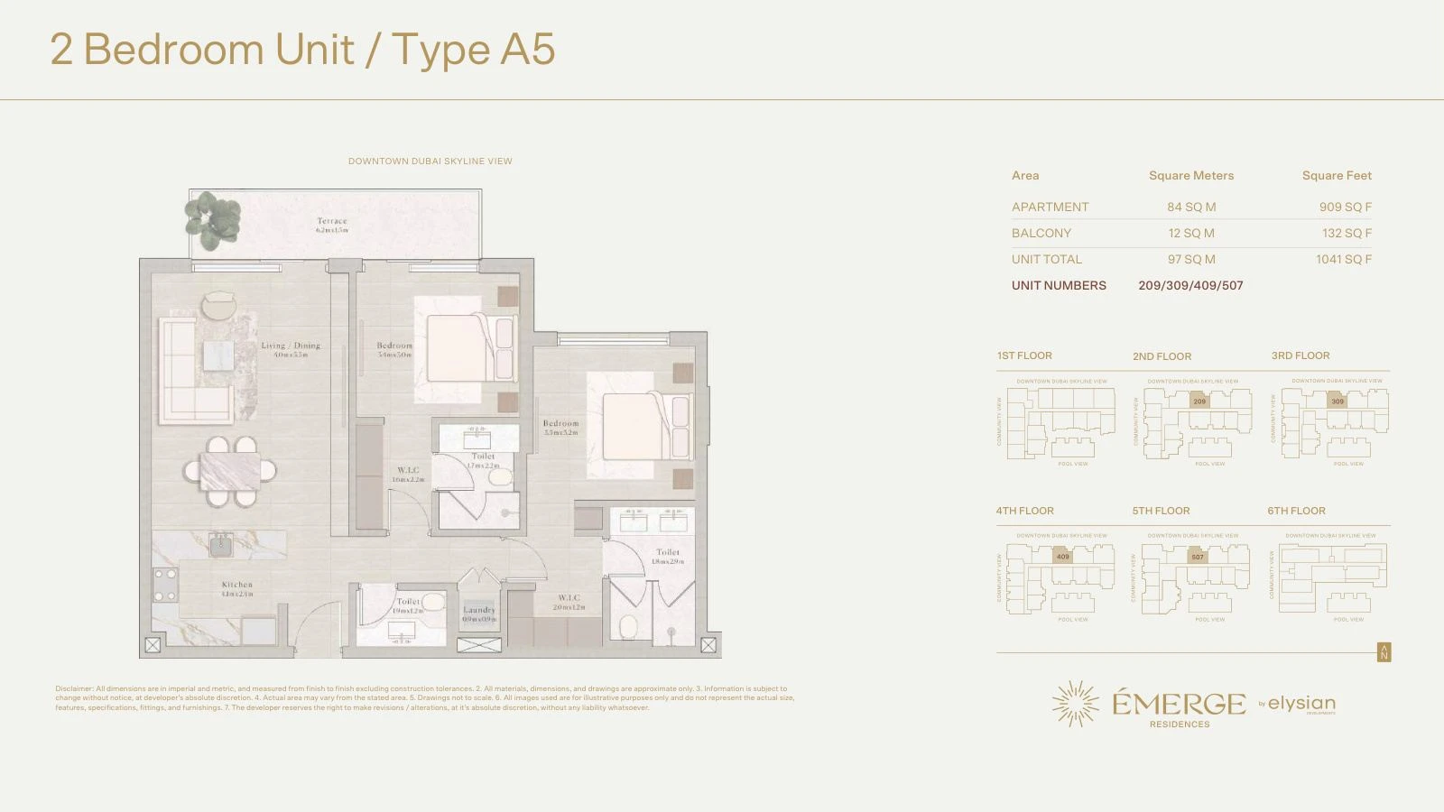 Émerge Residences 2-bedroom apartment floor plan — Standard Residence Type A5 - 1,041 sq ft; Standard Residence, Type A5, Units 209/309/409/507, 1,041 sq ft