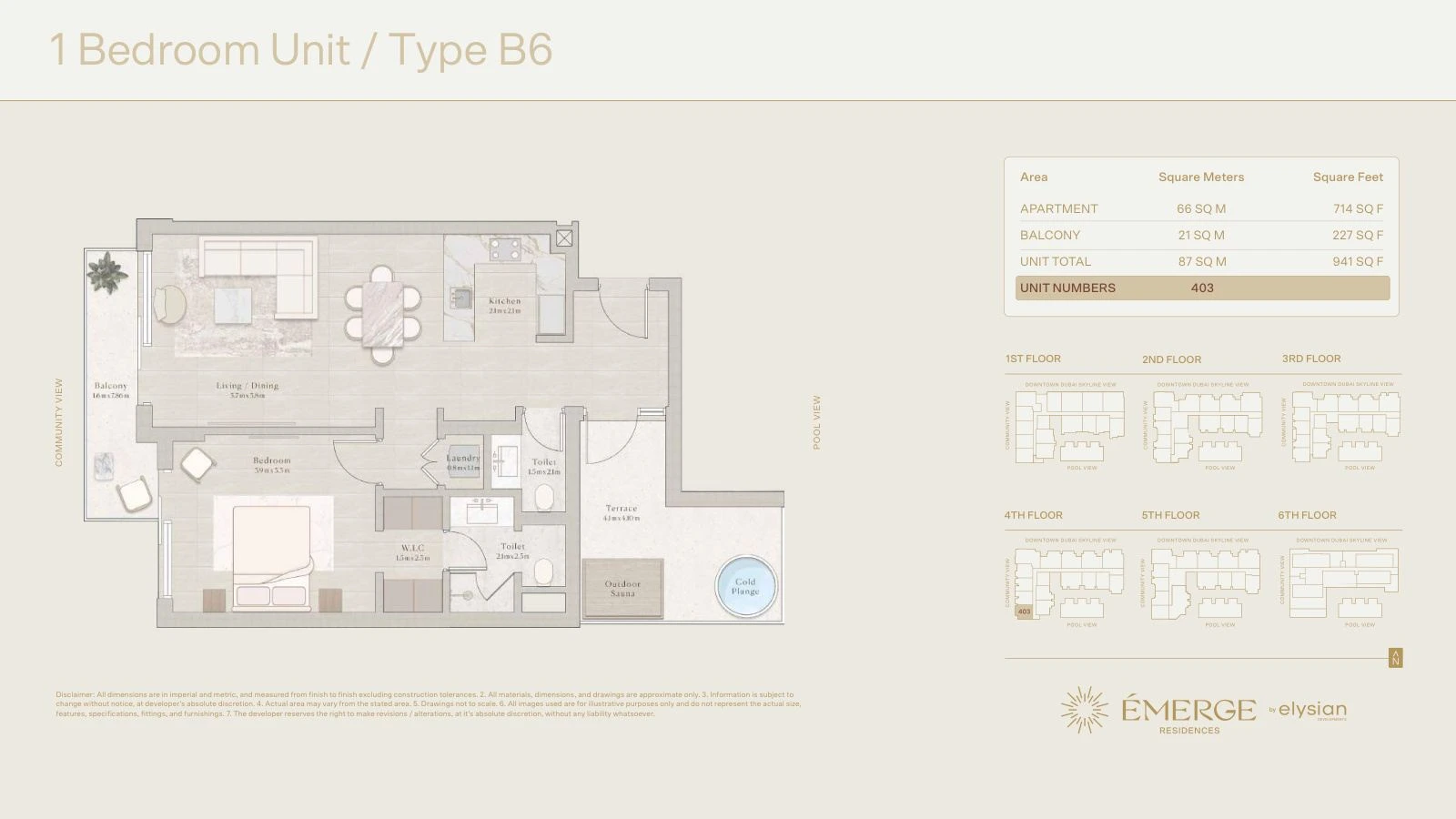 Émerge Residences 1-bedroom apartment floor plan — Well-Being Collection Type B6 - 941 sq ft; Well-Being Collection, Type B6, Unit 403, 941 sq ft