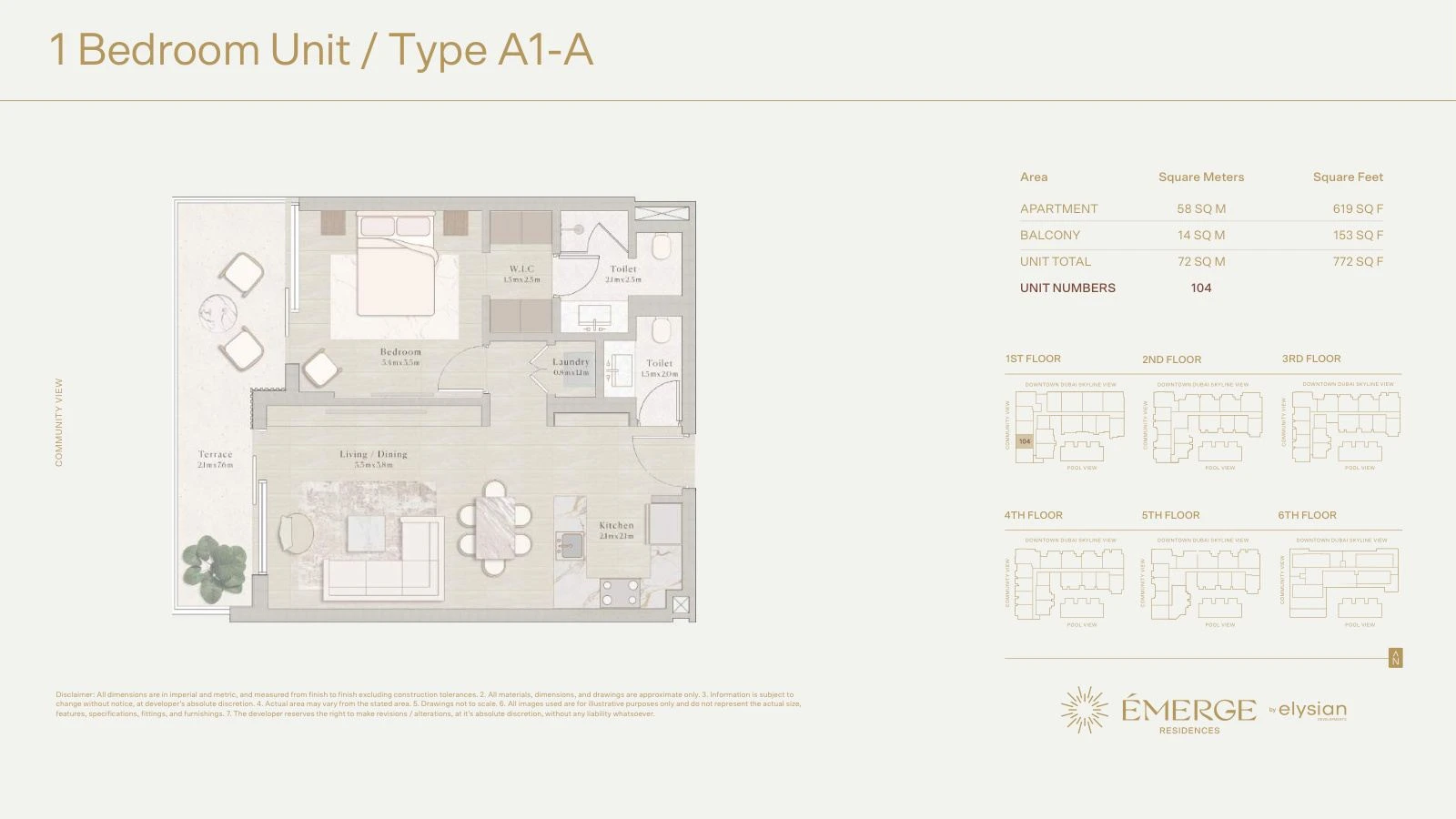 Émerge Residences 1-bedroom apartment floor plan — Standard Residence Type A1-A - 772 sq ft; Standard Residence, Type A1-A, Unit 104, 772 sq ft