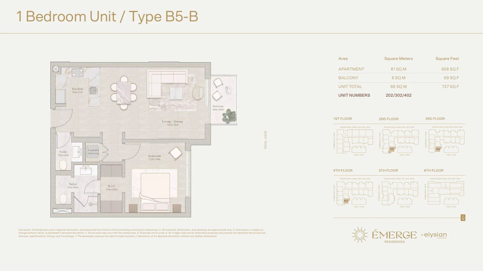 Émerge Residences 1-bedroom apartment floor plan — Standard Residence Type B5-B - 727 sq ft; Standard Residence, Type B5-B, Units 202/302/402, 727 sq ft