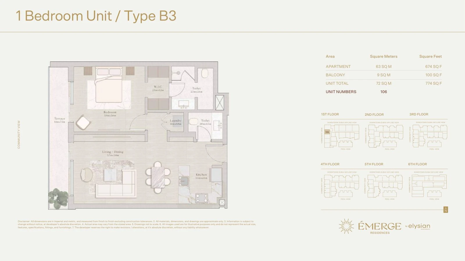 Émerge Residences 1-bedroom apartment floor plan — Standard Residence Type B3 - 774 sq ft; Standard Residence, Type B3, Unit 106, 774 sq ft