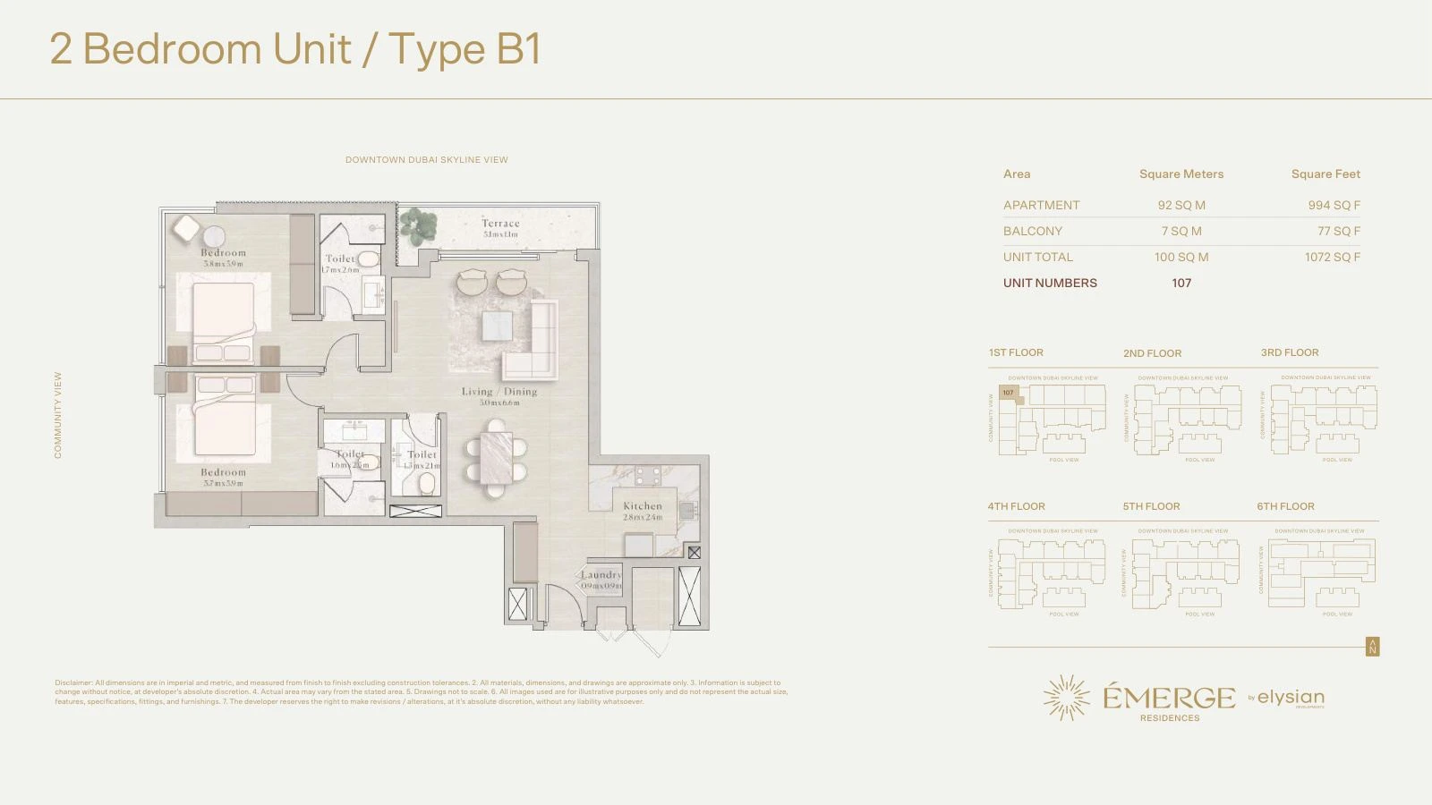 Émerge Residences 2-bedroom apartment floor plan — Standard Residence Type B1 - 1,072 sq ft; Standard Residence, Type B1, Unit 107, 1,072 sq ft