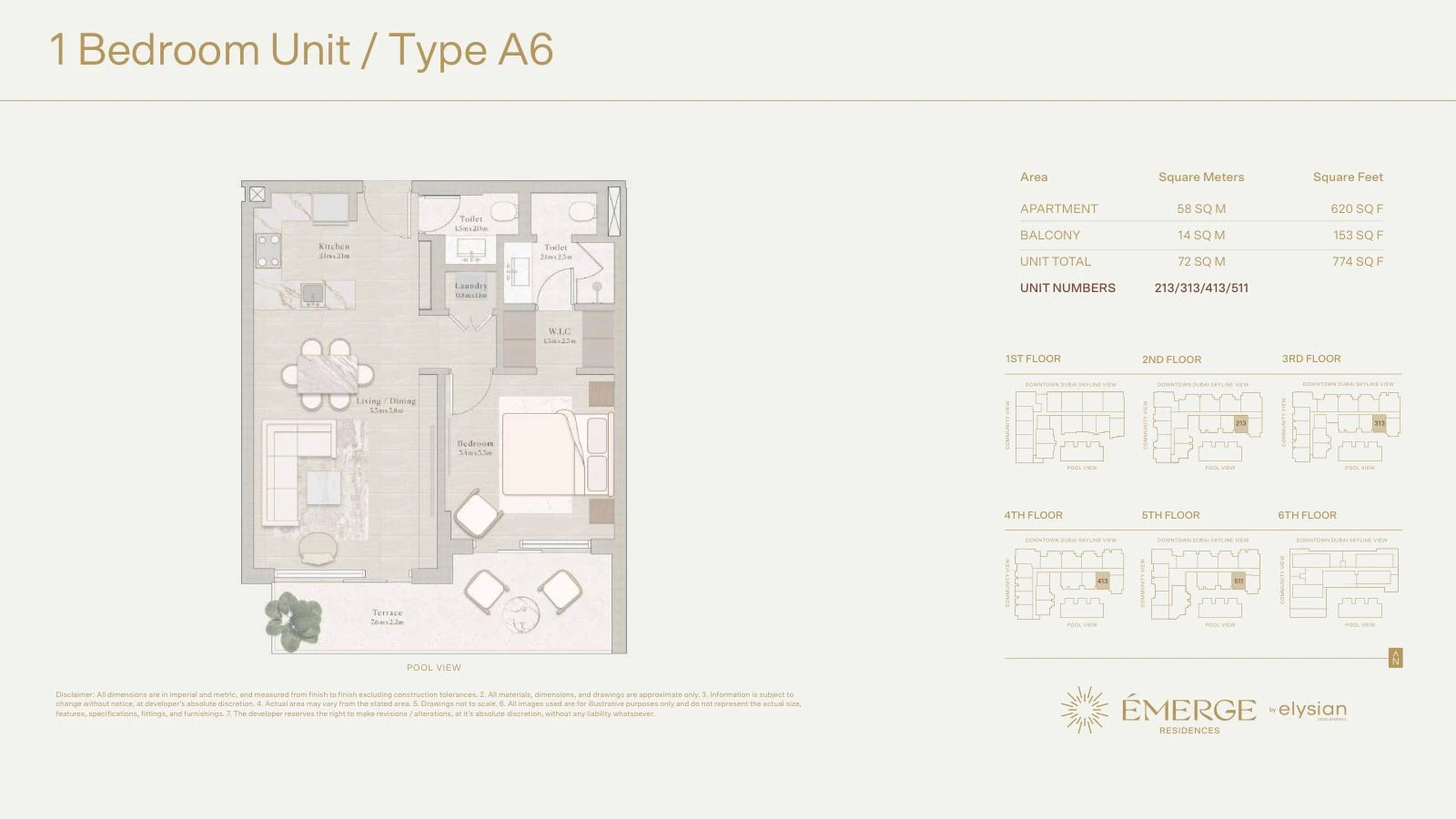 Émerge Residences 1-bedroom apartment floor plan — Standard Residence Type A6 - 774 sq ft; Standard Residence, Type A6, Units 213/313/413/511, 774 sq ft