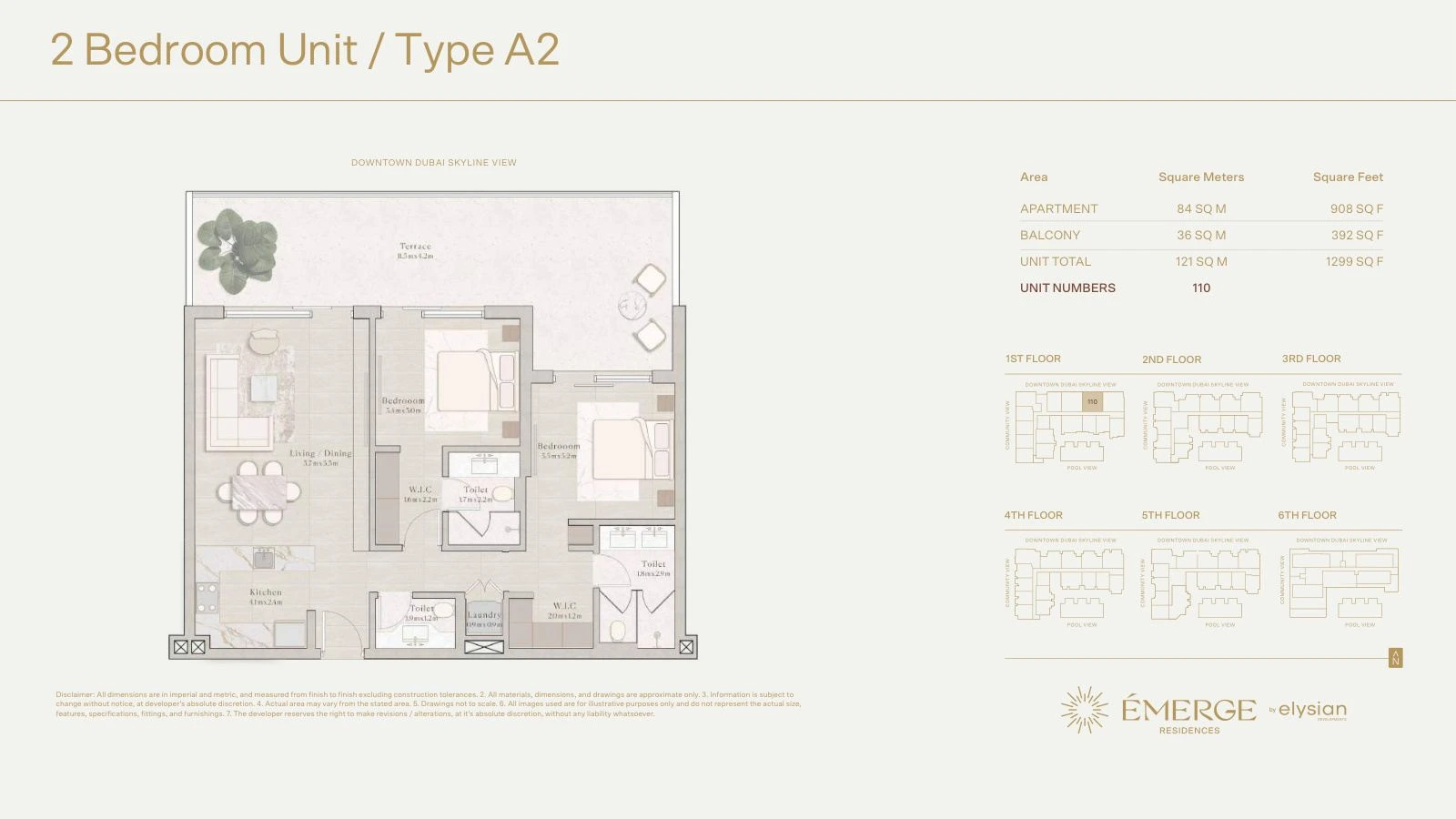 Émerge Residences 2-bedroom apartment floor plan — Standard Residence Type A2 - 1,299 sq ft; Standard Residence, Type A2, Unit 110, 1,299 sq ft