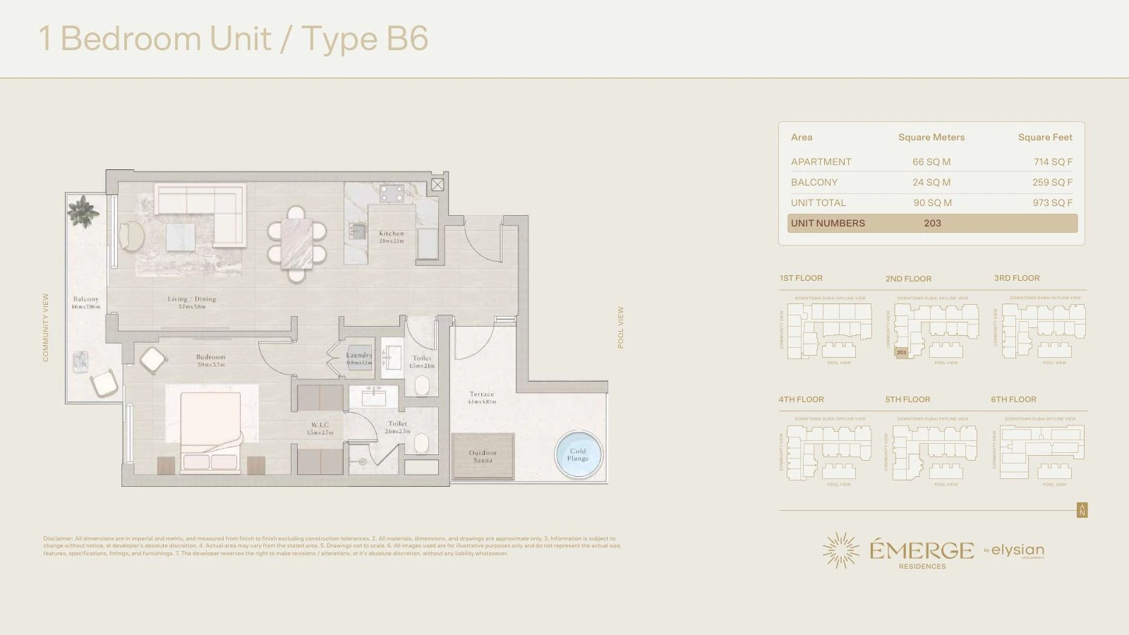 Émerge Residences 1-bedroom apartment floor plan — Well-Being Collection Type B6 - 973 sq ft; Well-Being Collection, Type B6, Unit 203, 973 sq ft