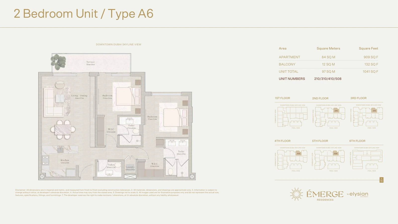 Émerge Residences 2-bedroom apartment floor plan — Standard Residence Type A6 - 1,041 sq ft; Standard Residence, Type A6, Units 210/310/410/508, 1,041 sq ft
