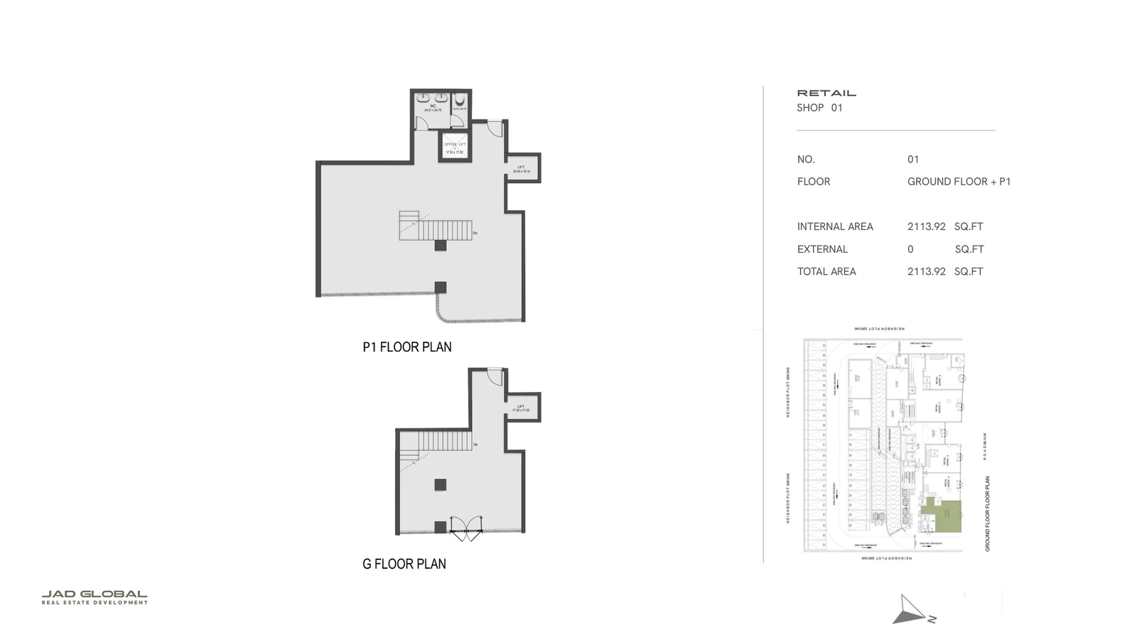 J188 by JAD Global retail floor plan, Shop 01 - Ground and P1; Shop 01, Ground and P1 floors, 2,113.92 sq ft total area