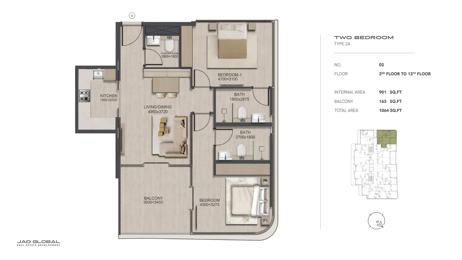 J188 by JAD Global 2-bedroom apartment floor plan, Type 2A - Unit 02 Floors 02 to 13; Unit 02, Floors 02 to 13, 1,064 sq ft total area