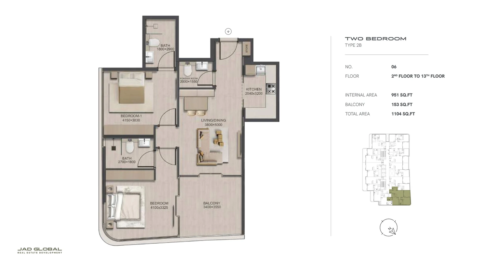 J188 by JAD Global 2-bedroom apartment floor plan, Type 2B - Unit 06 Floors 02 to 13; Unit 06, Floors 02 to 13, 1,104 sq ft total area