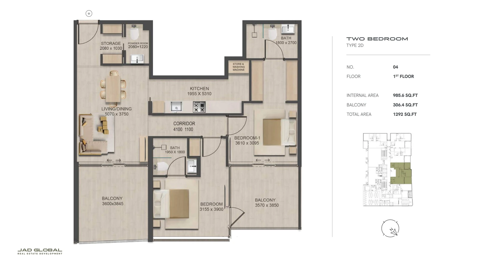 J188 by JAD Global 2-bedroom apartment floor plan, Type 2D - Unit 04 First Floor; Unit 04, First Floor, 1,292 sq ft total area
