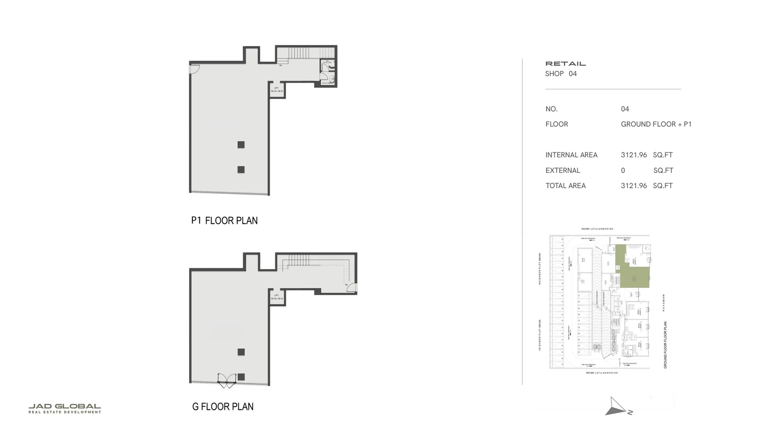 J188 by JAD Global retail floor plan, Shop 04 - Ground and P1; Shop 04, Ground and P1 floors, 3,121.96 sq ft total area
