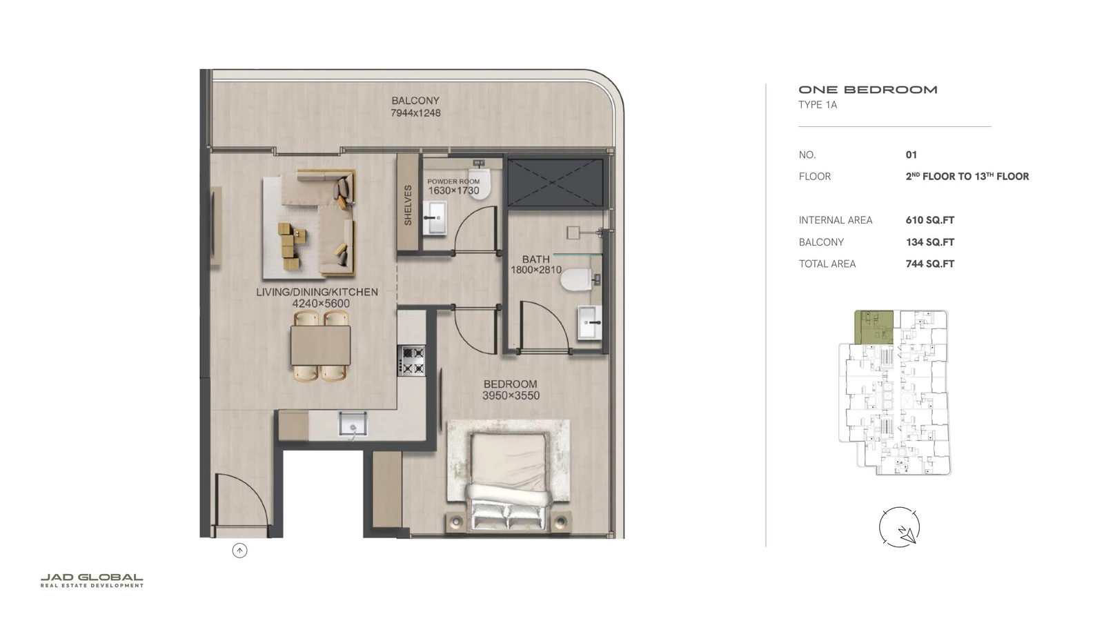 J188 by JAD Global 1-bedroom apartment floor plan, Type 1A - Unit 01 Floors 02 to 13; Unit 01, Floors 02 to 13, 744 sq ft total area
