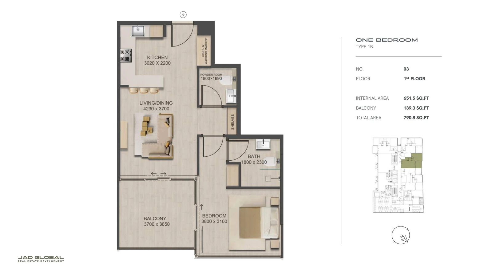 J188 by JAD Global 1-bedroom apartment floor plan, Type 1B - Unit 03 First Floor; Unit 03, First Floor, 790.8 sq ft total area