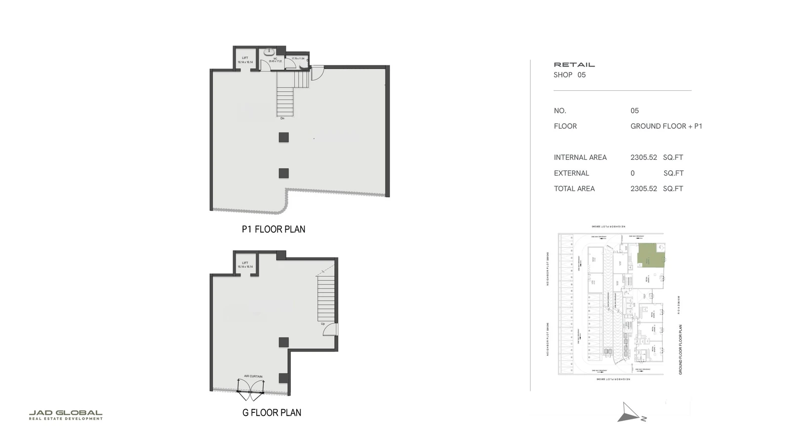J188 by JAD Global retail floor plan, Shop 05 - Ground and P1; Shop 05, Ground and P1 floors, 2,305.52 sq ft total area