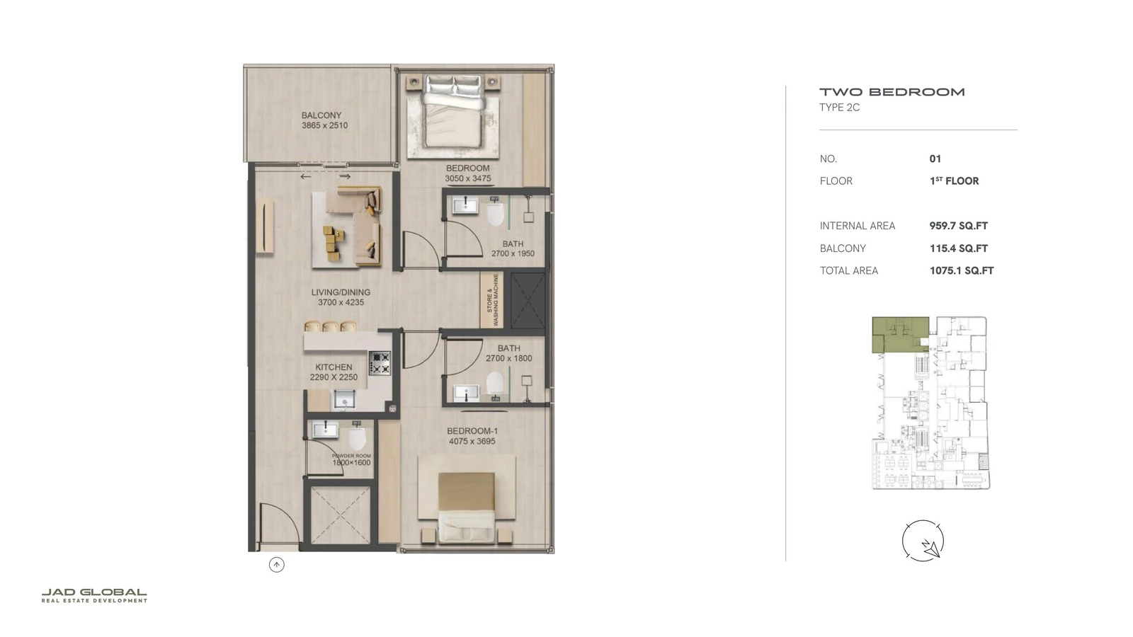 J188 by JAD Global 2-bedroom apartment floor plan, Type 2C - Unit 01 First Floor; Unit 01, First Floor, 1,075.1 sq ft total area