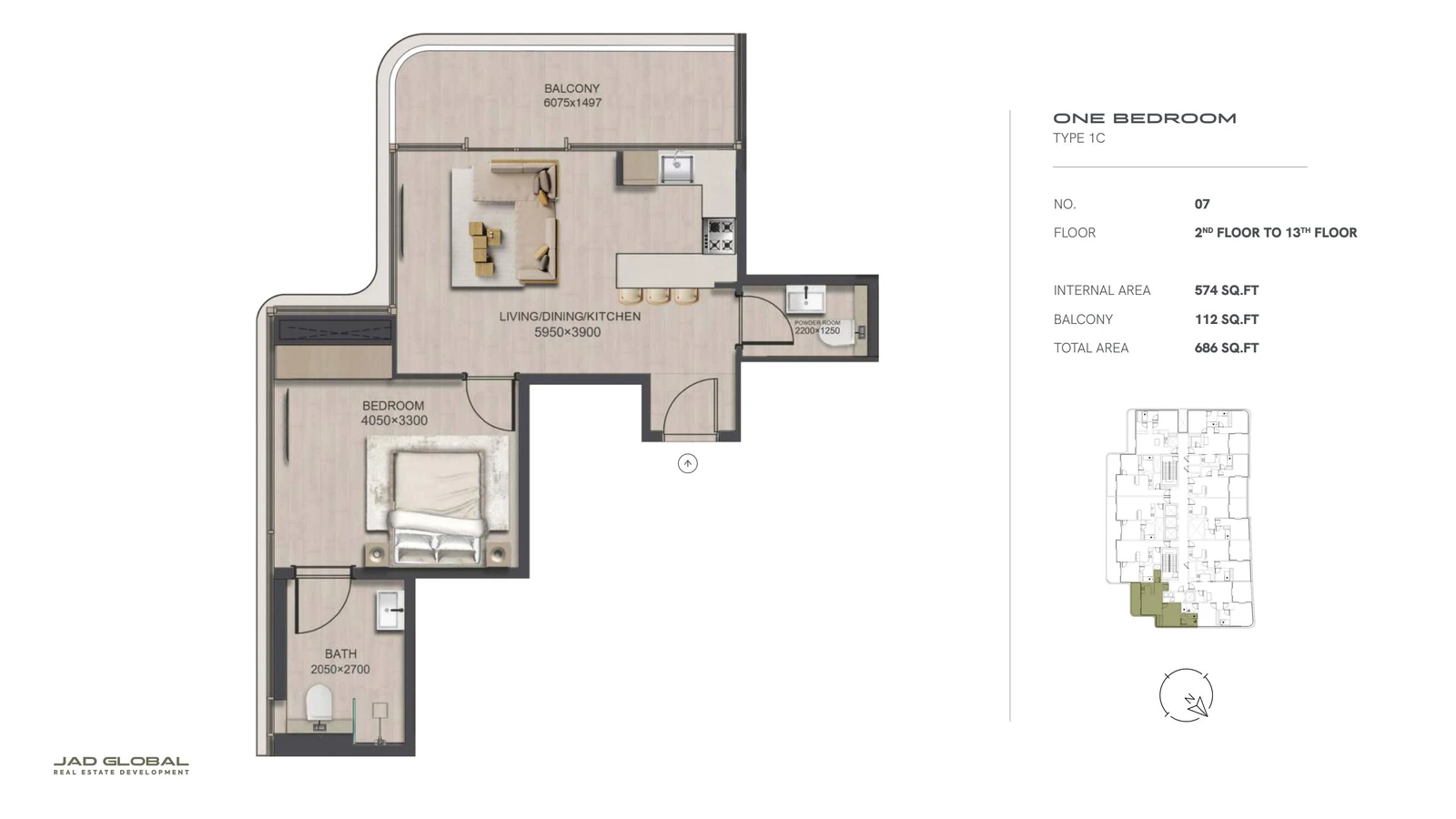 J188 by JAD Global 1-bedroom apartment floor plan, Type 1C - Unit 07 Floors 02 to 13; Unit 07, Floors 02 to 13, 686 sq ft total area
