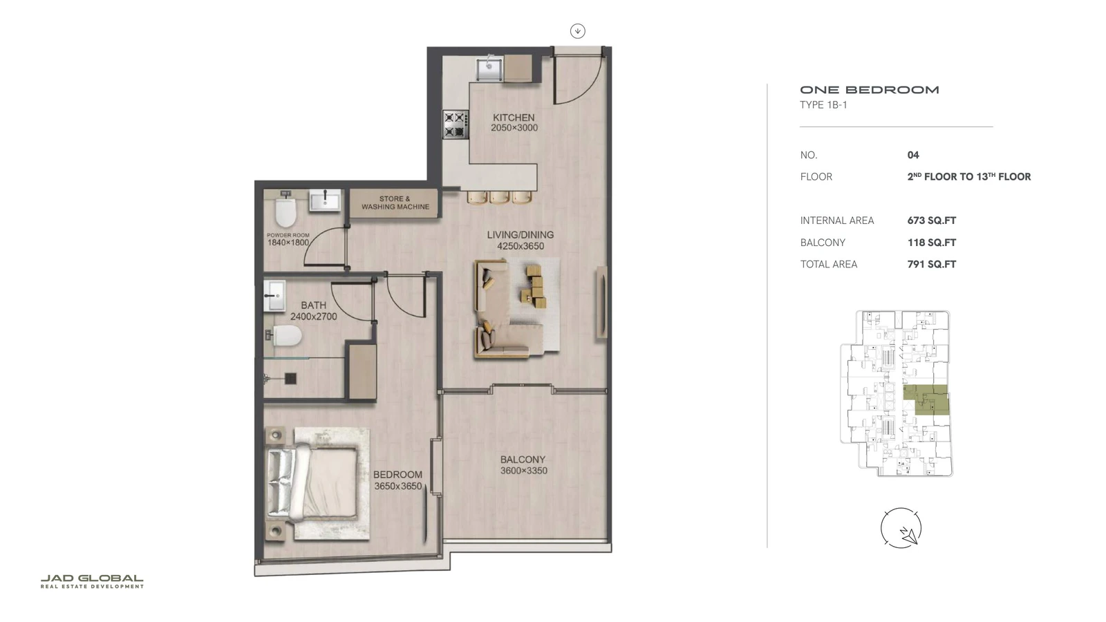 J188 by JAD Global 1-bedroom apartment floor plan, Type 1B-1 - Unit 04 Floors 02 to 13; Unit 04, Floors 02 to 13, 791 sq ft total area