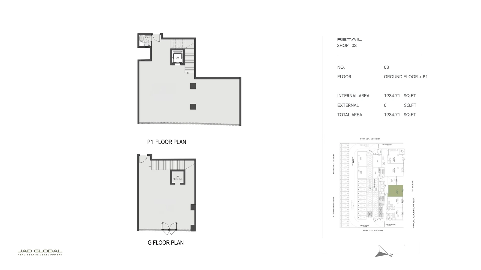 J188 by JAD Global retail floor plan, Shop 03 - Ground and P1; Shop 03, Ground and P1 floors, 1,934.71 sq ft total area