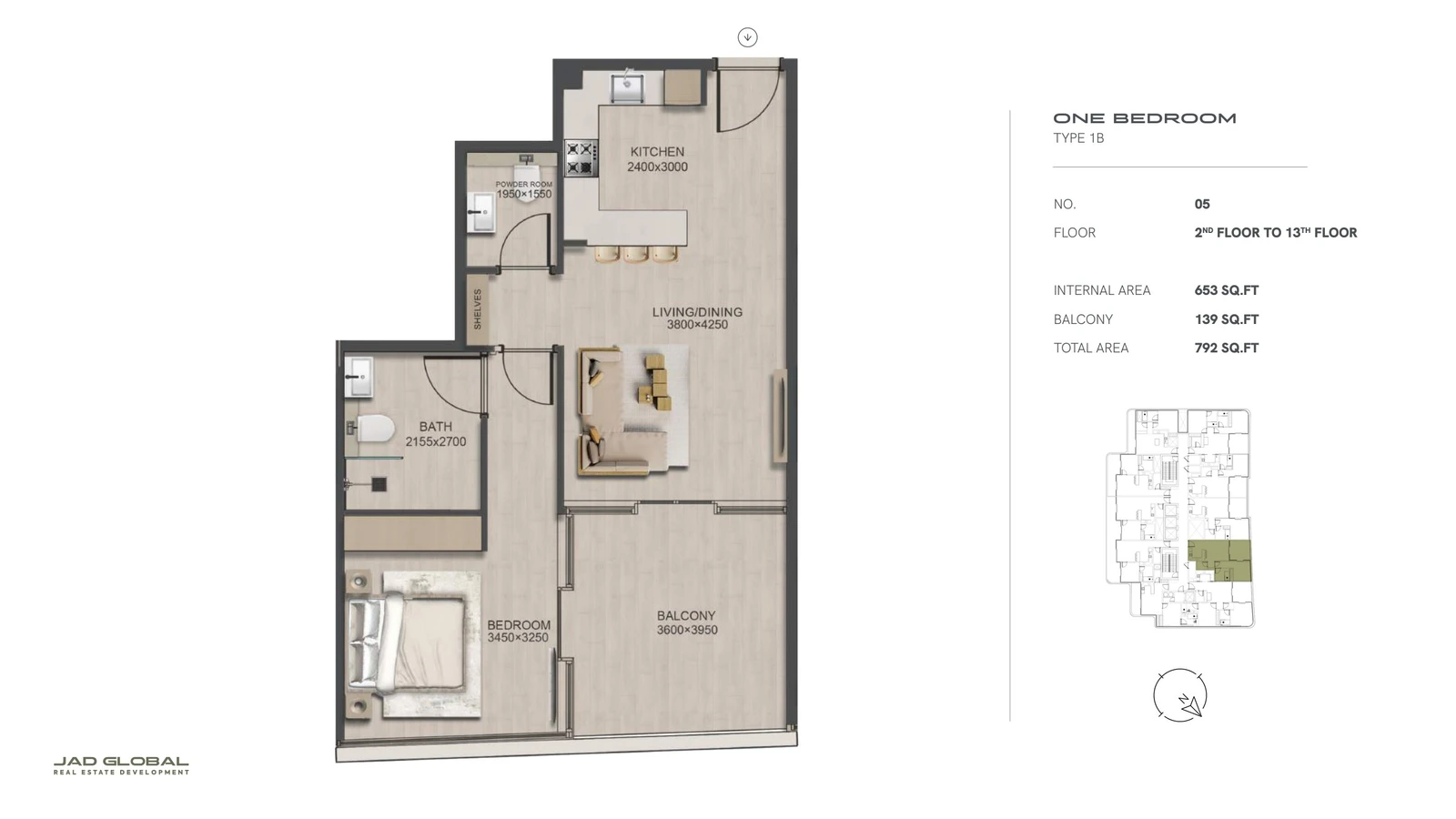 J188 by JAD Global 1-bedroom apartment floor plan, Type 1B - Unit 05 Floors 02 to 13; Unit 05, Floors 02 to 13, 792 sq ft total area