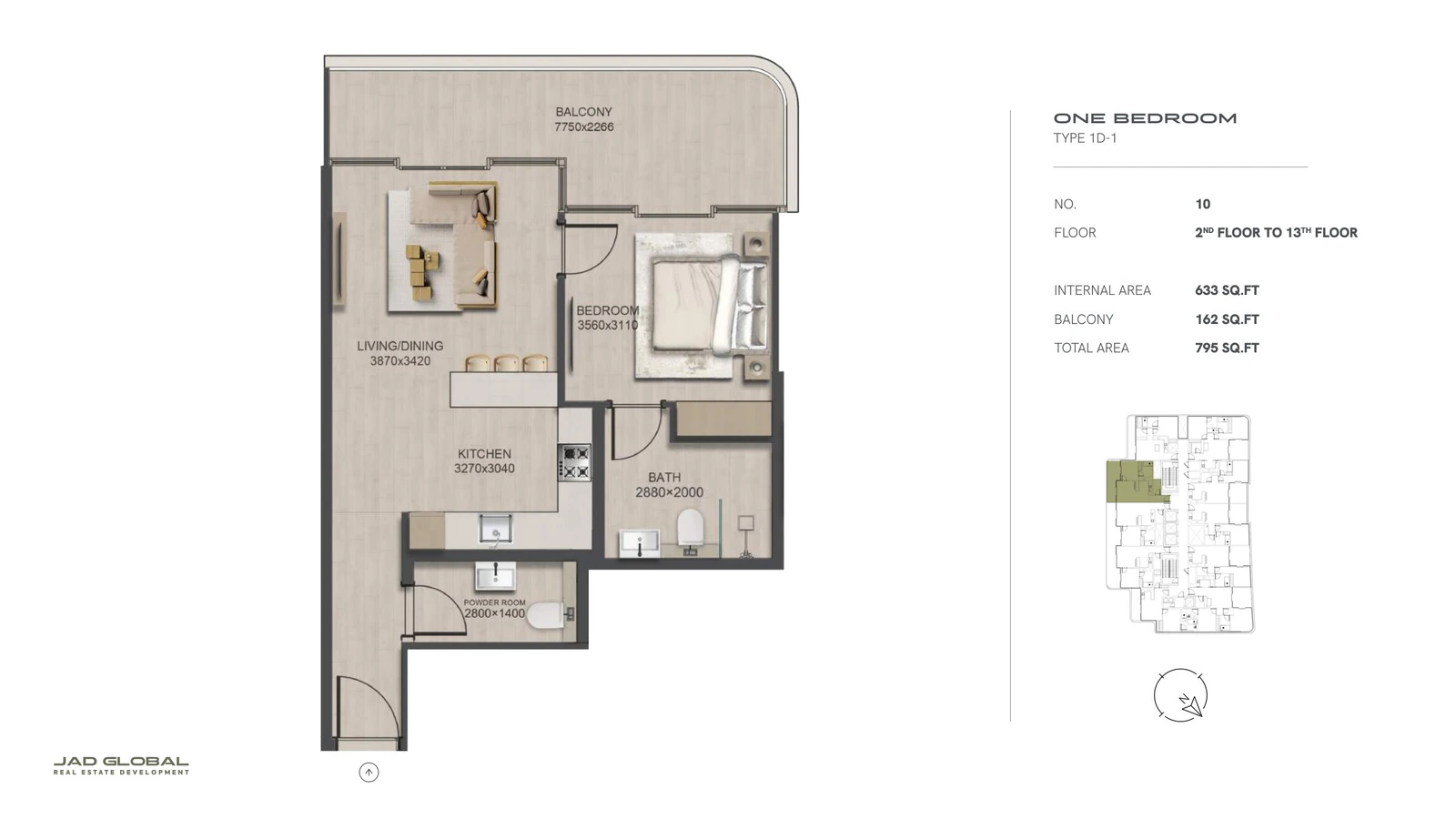 J188 by JAD Global 1-bedroom apartment floor plan, Type 1D-1 - Unit 10 Floors 02 to 13; Unit 10, Floors 02 to 13, 795 sq ft total area