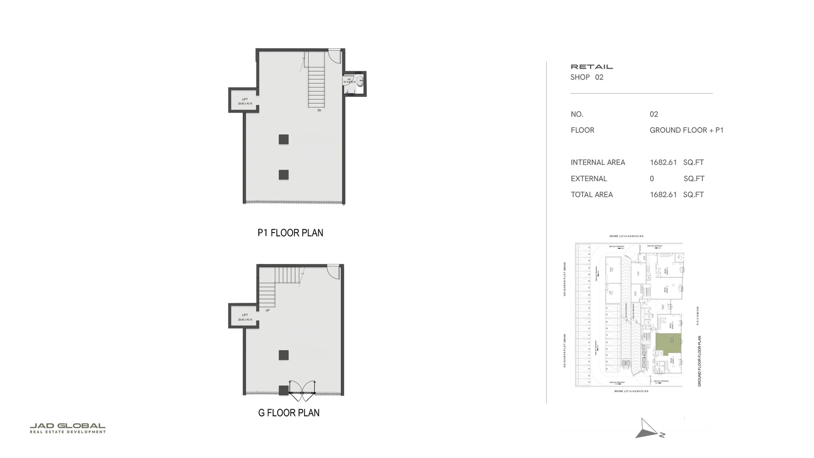 J188 by JAD Global retail floor plan, Shop 02 - Ground and P1; Shop 02, Ground and P1 floors, 1,682.61 sq ft total area