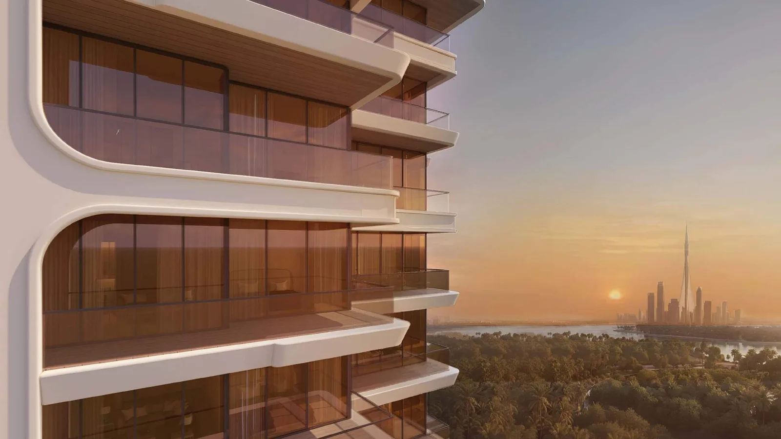 J188 by JAD Global curved apartment exterior with the Dubai skyline at sunset