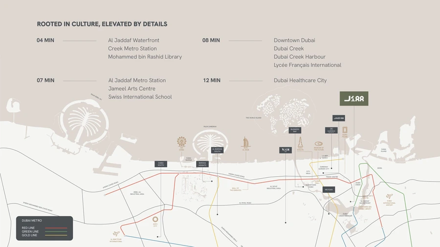 J188 by JAD Global location master plan highlighting Al Jaddaf and connections across Dubai