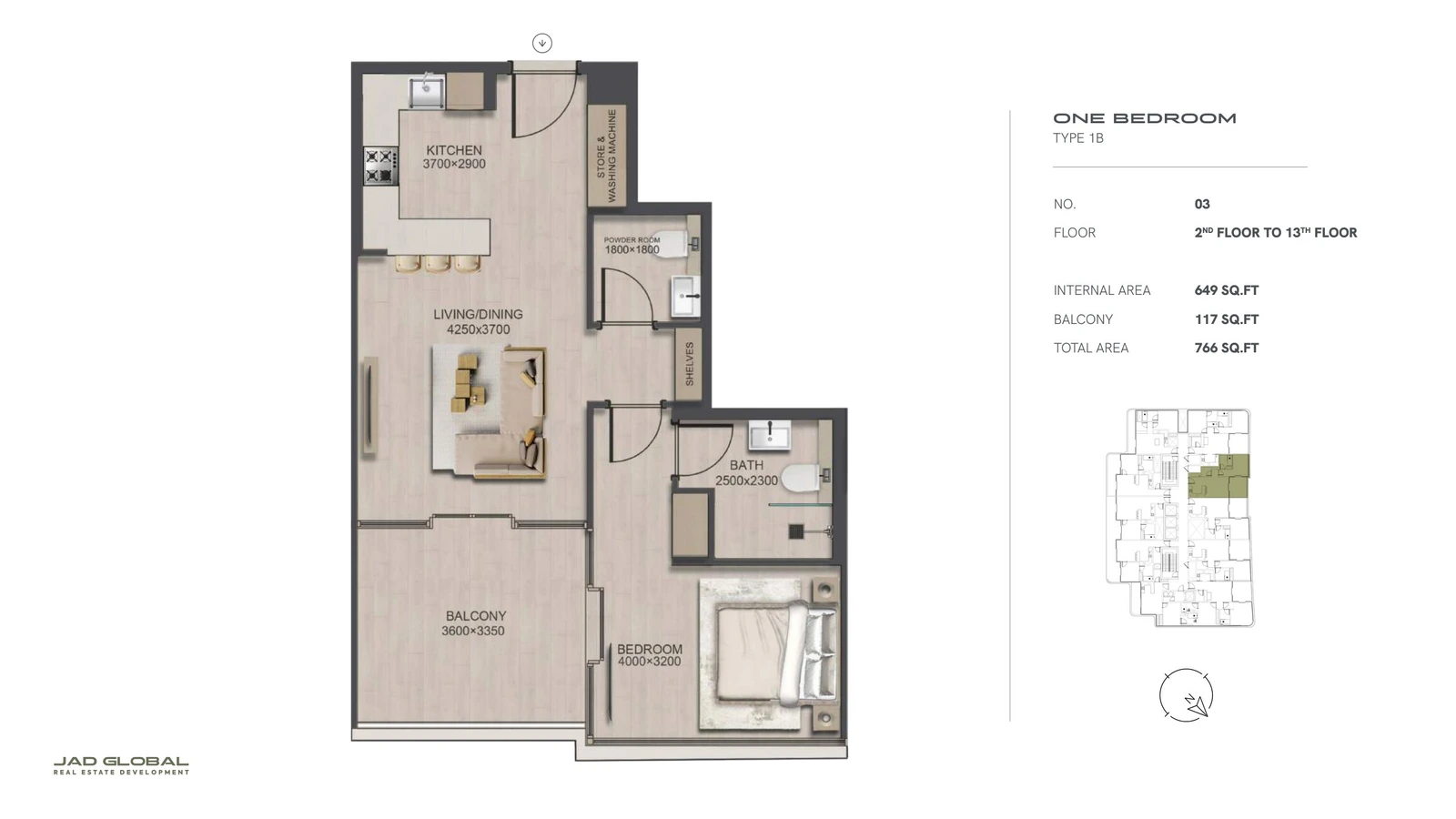 J188 by JAD Global 1-bedroom apartment floor plan, Type 1B - Unit 03 Floors 02 to 13; Unit 03, Floors 02 to 13, 766 sq ft total area