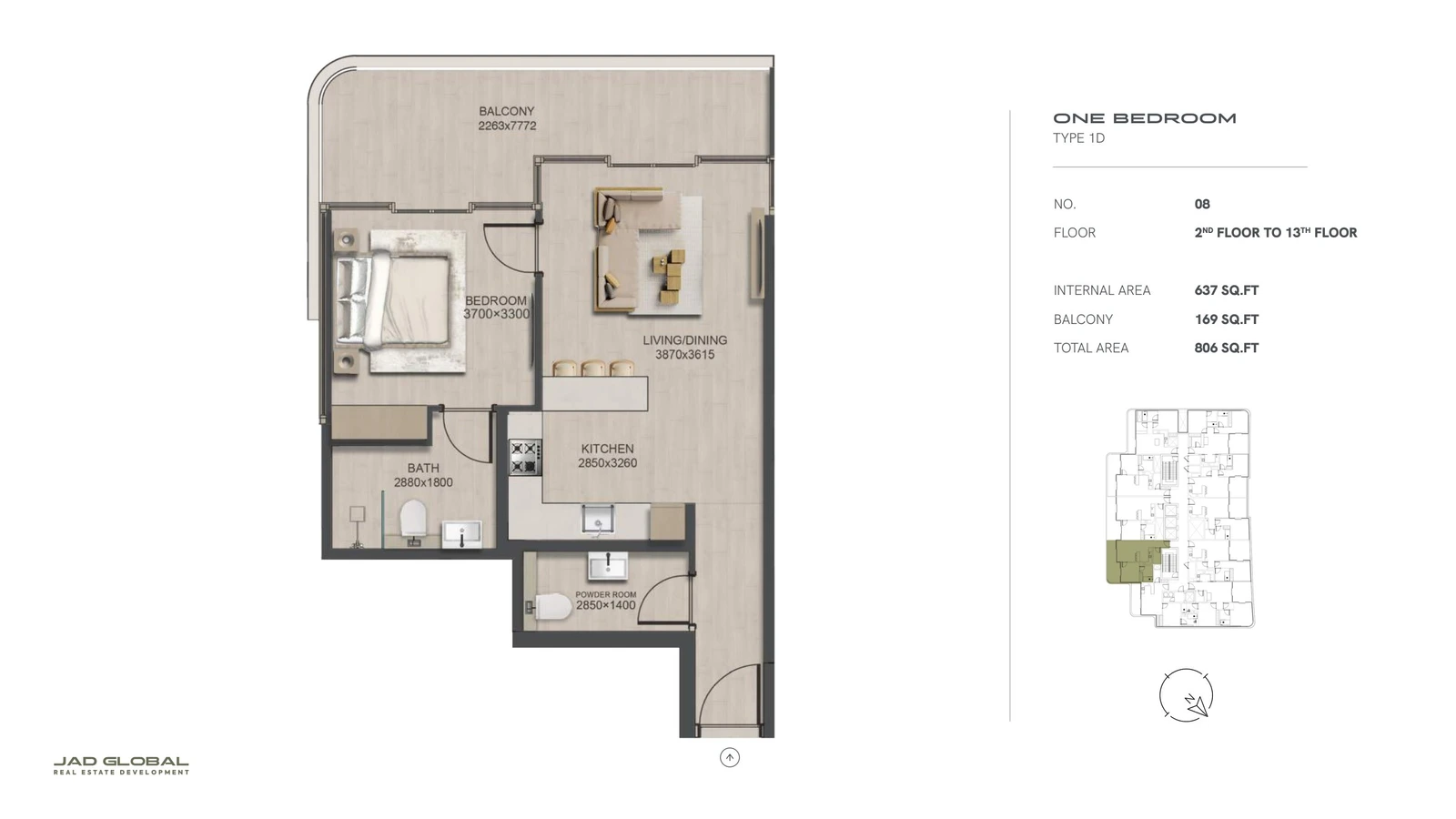 J188 by JAD Global 1-bedroom apartment floor plan, Type 1D - Unit 08 Floors 02 to 13; Unit 08, Floors 02 to 13, 806 sq ft total area