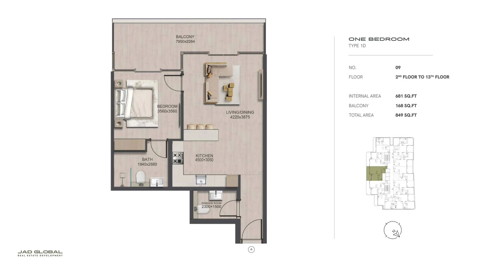 J188 by JAD Global 1-bedroom apartment floor plan, Type 1D - Unit 09 Floors 02 to 13; Unit 09, Floors 02 to 13, 849 sq ft total area