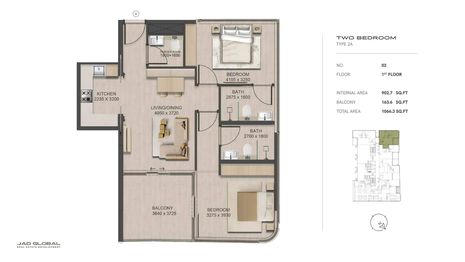 J188 by JAD Global 2-bedroom apartment floor plan, Type 2A - Unit 02 First Floor; Unit 02, First Floor, 1,066.3 sq ft total area