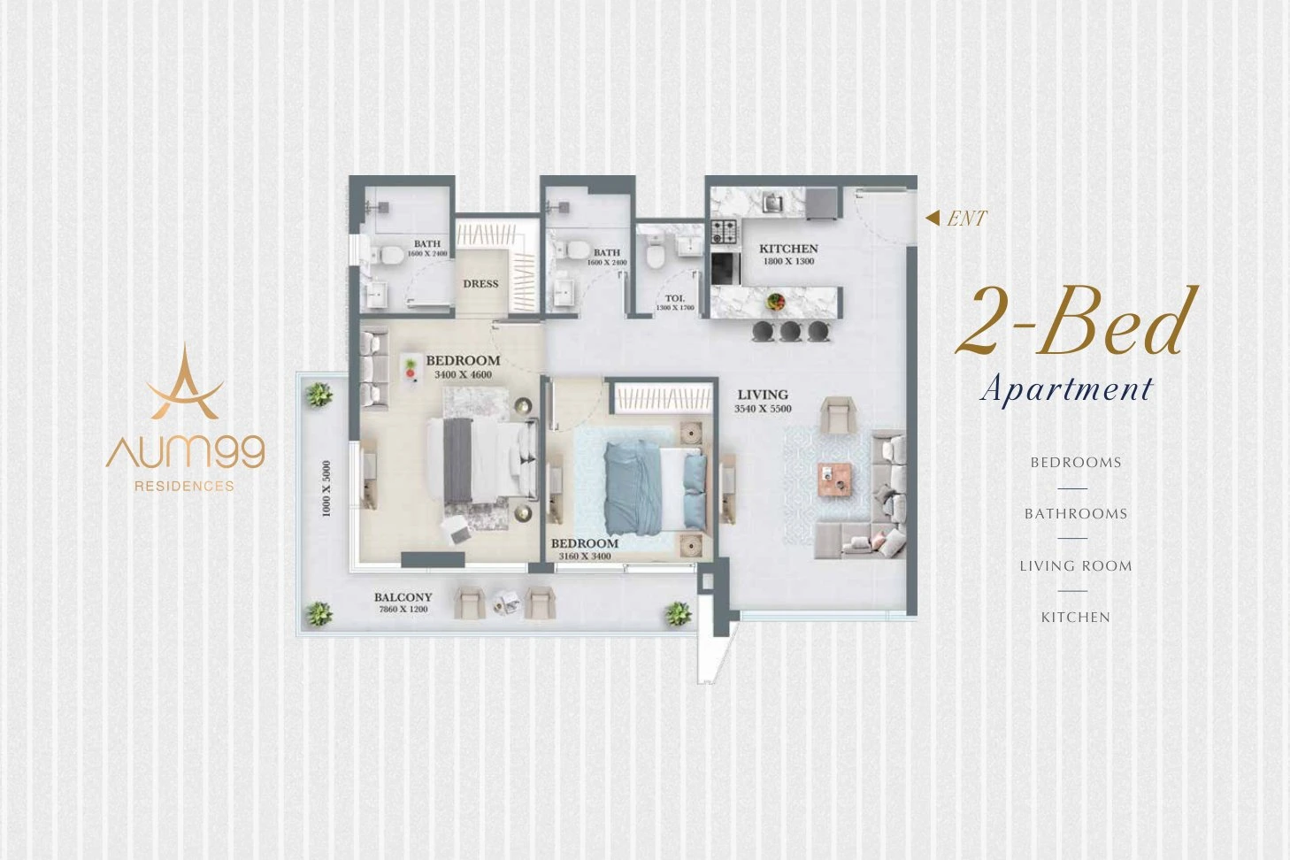Aum 99 Residences 2-Bed Apartment, approximately 975 sq ft, Standard floor plan