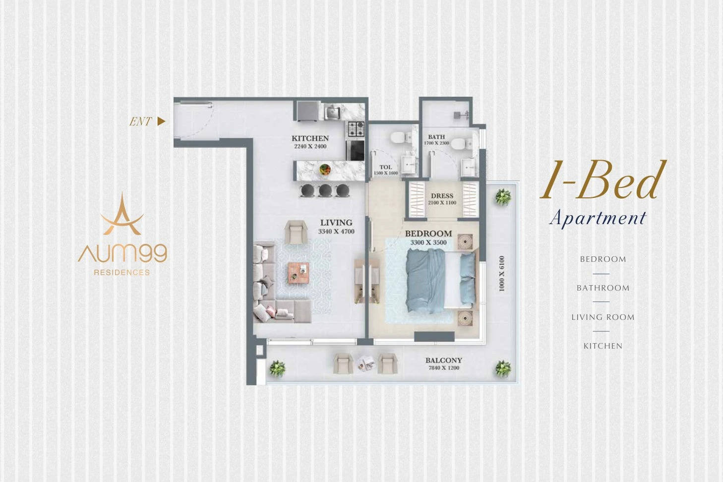 Aum 99 Residences 1-Bed Apartment, 630-712 sq ft, Standard floor plan