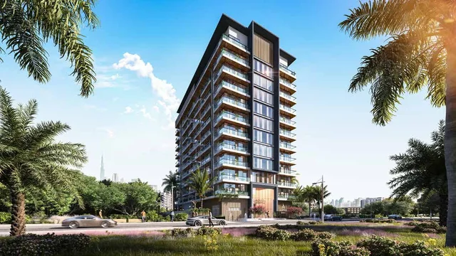 Street-level exterior of Aum 99 Residences in Dubai Land Residence Complex