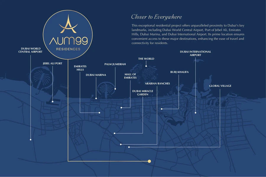 Aum 99 Residences location master plan showing connections to major Dubai destinations