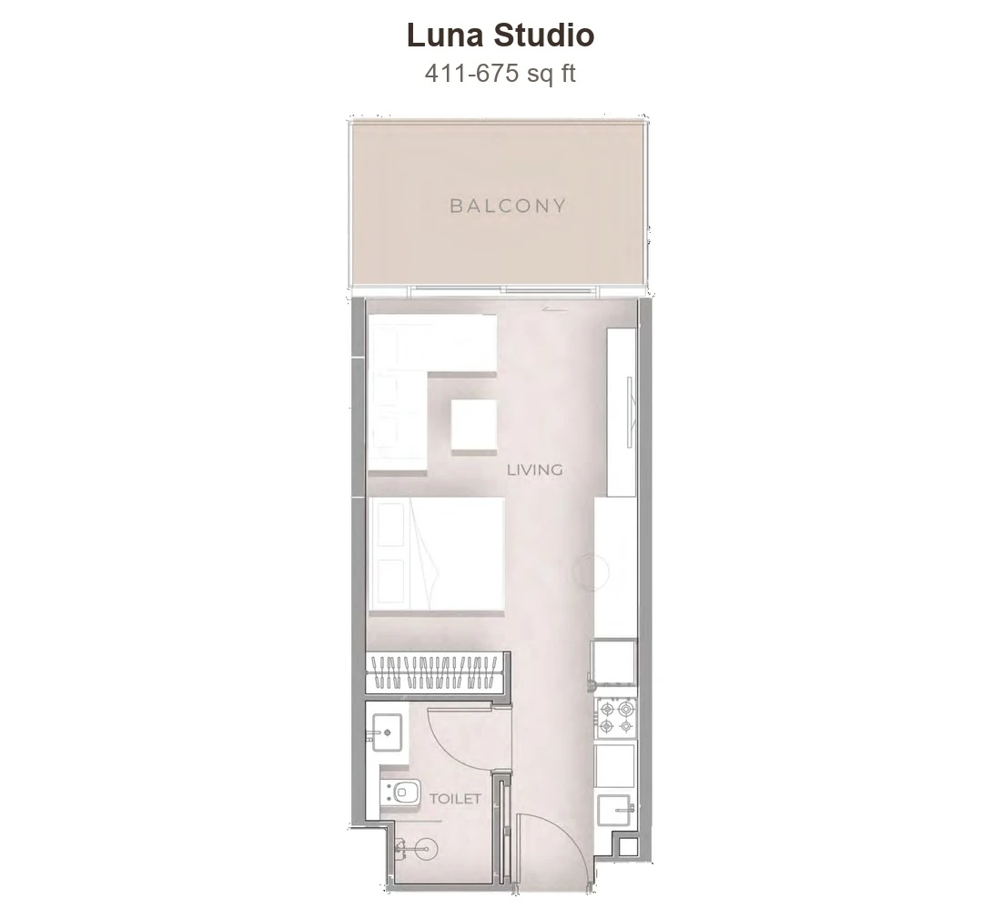 Beverly Grande Luna Studio, 411-675 sq ft apartment floor plan